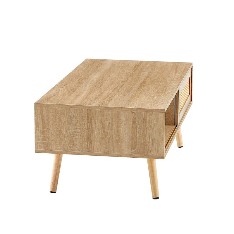 Modern Coffee Table, Rectangle Wooden Coffee Table with Rattan Woven Door Panel and Solid Wood Legs