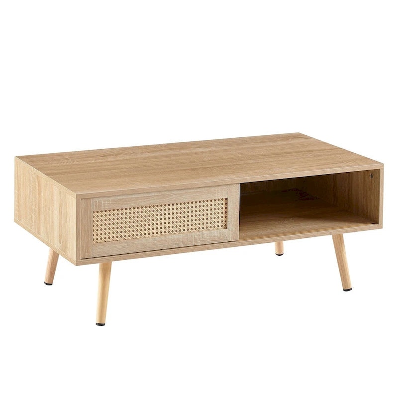 Modern Coffee Table, Rectangle Wooden Coffee Table with Rattan Woven Door Panel and Solid Wood Legs
