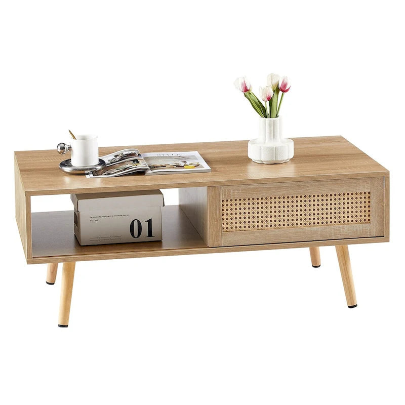 Modern Coffee Table, Rectangle Wooden Coffee Table with Rattan Woven Door Panel and Solid Wood Legs