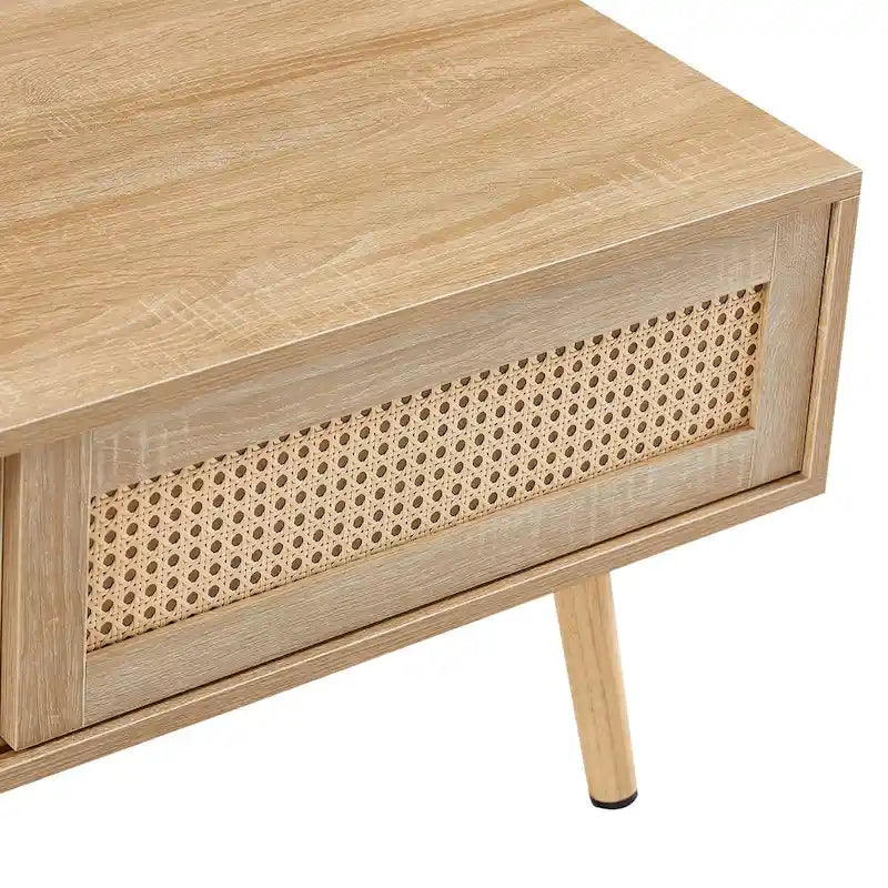 Modern Coffee Table, Rectangle Wooden Coffee Table with Rattan Woven Door Panel and Solid Wood Legs