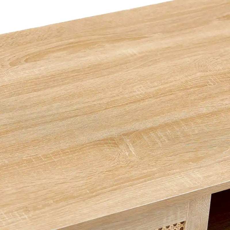 Modern Coffee Table, Rectangle Wooden Coffee Table with Rattan Woven Door Panel and Solid Wood Legs