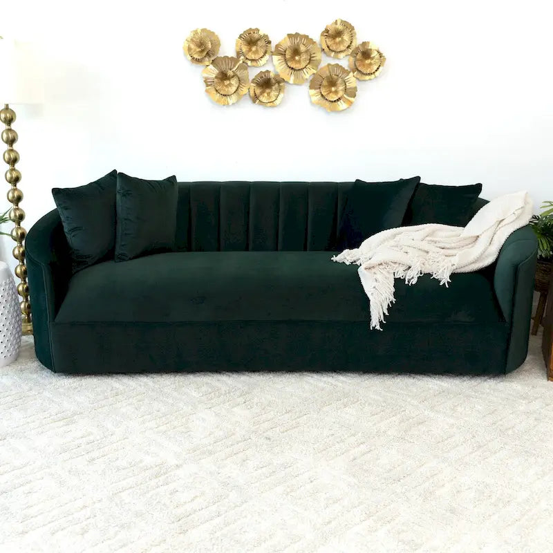 Modern Japandi Style Tight Back Velvet Couch in Green